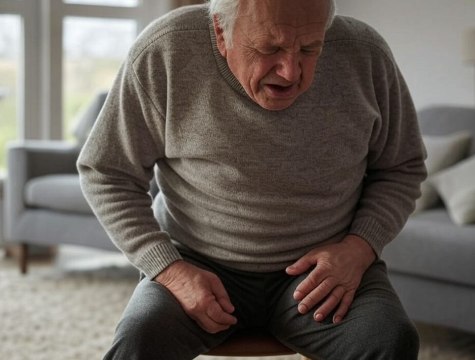 realistic photo of a senior man grimacing while holding his thigh muscle, wearing casual clothes in a home setting - cholesterol-induced muscle pain