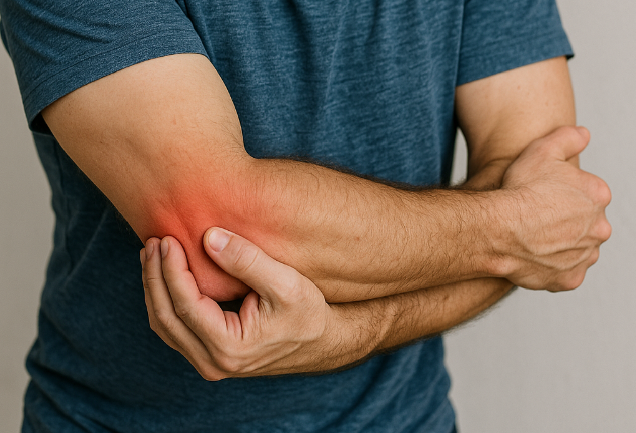 man with painful elbow - Is PRP Effective for Chronic Tennis Elbow