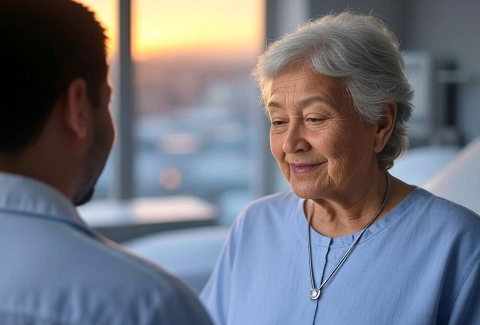 woman talking to doctor - wart-like skin growth treatment