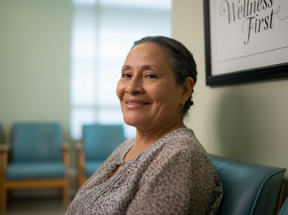 woman smiling in waiting room - Hyfrecator for Raised Skin Lesions