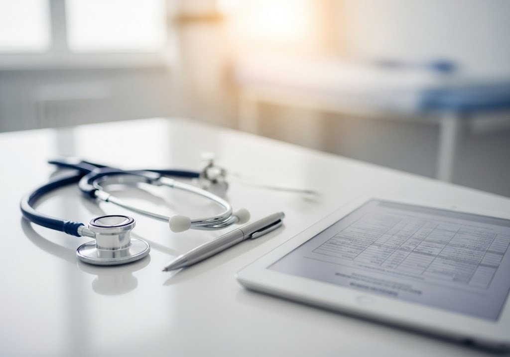 stethoscope, tablet, and pen on table - STD Wart Treatment Primary Care