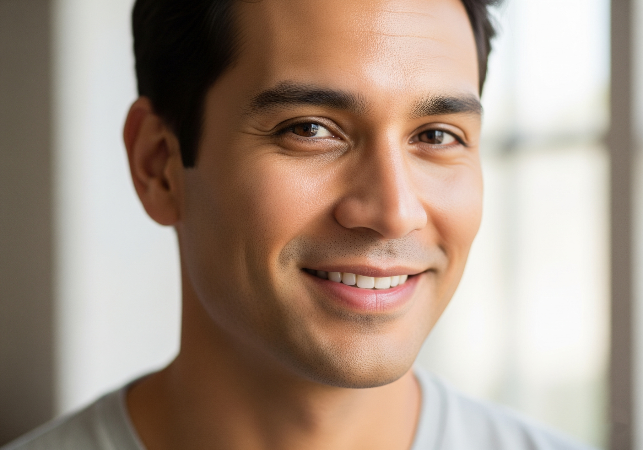 A man with clear skin smiles softly at the camera. He has a warm, medium-olive skin tone and dark hair. The lighting is soft and natural, highlighting the evenness of his complexion.
