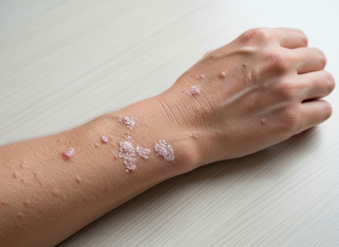 A person's forearm and hand resting on a table, with several scaly, reddish patches of actinic keratosis visible on the skin.