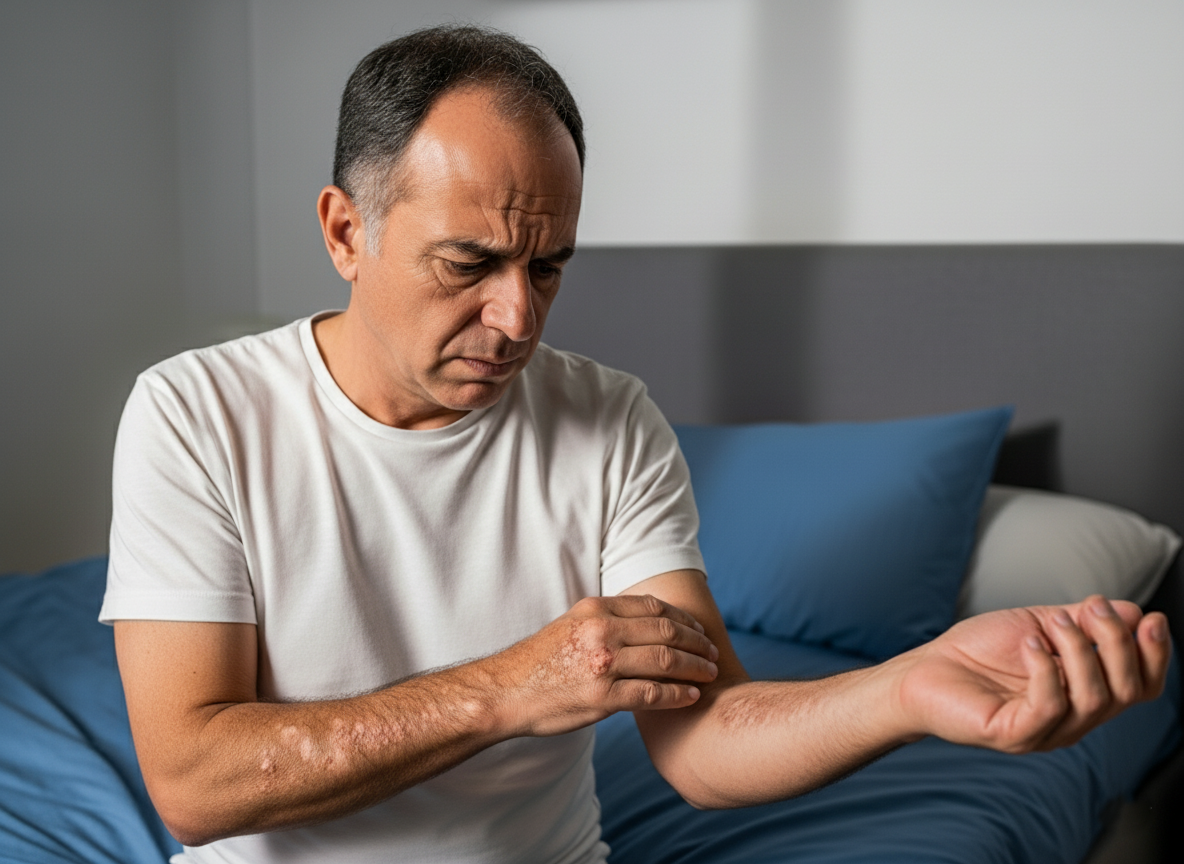 A worried man sits on a bed, looking down at his arm which has several distinct patches of actinic keratosis.