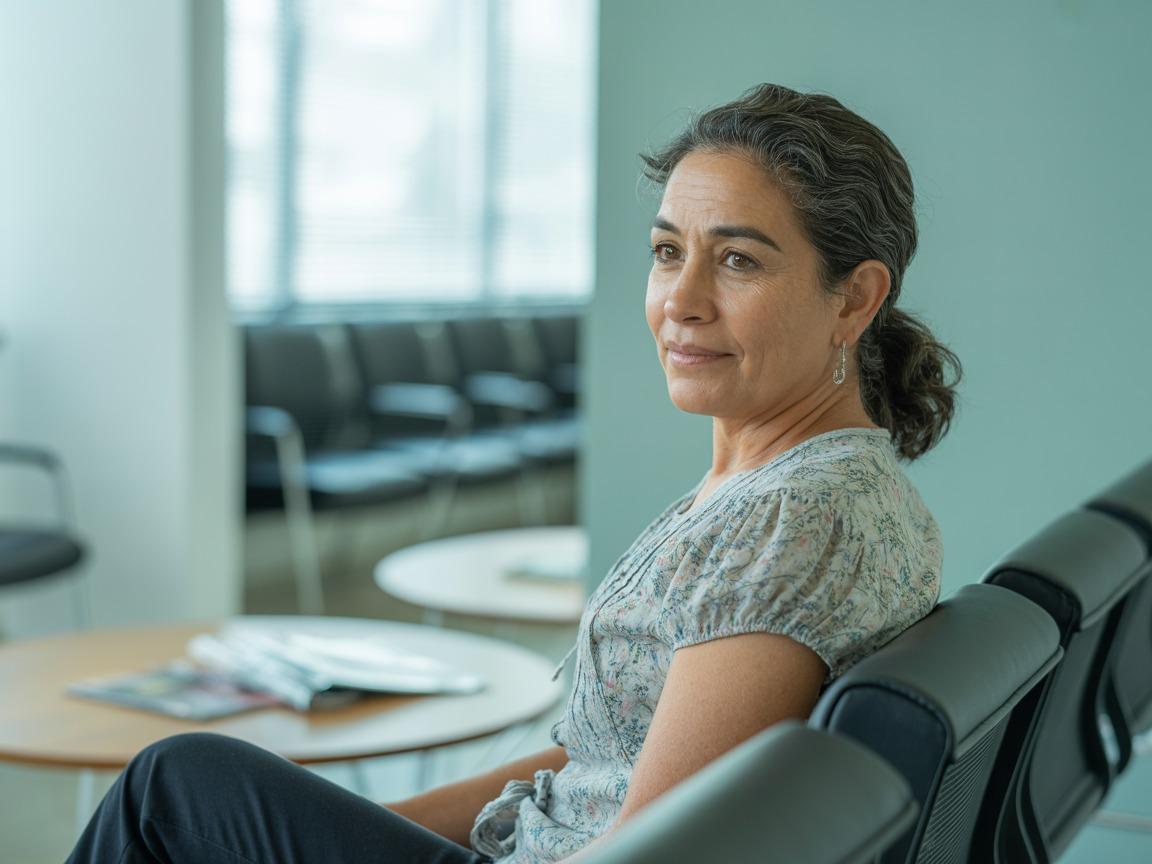 An older Hispanic woman waiting patiently in a clinic