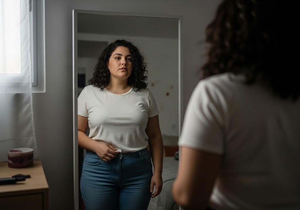 woman looking at self in mirror while considering weight loss laser