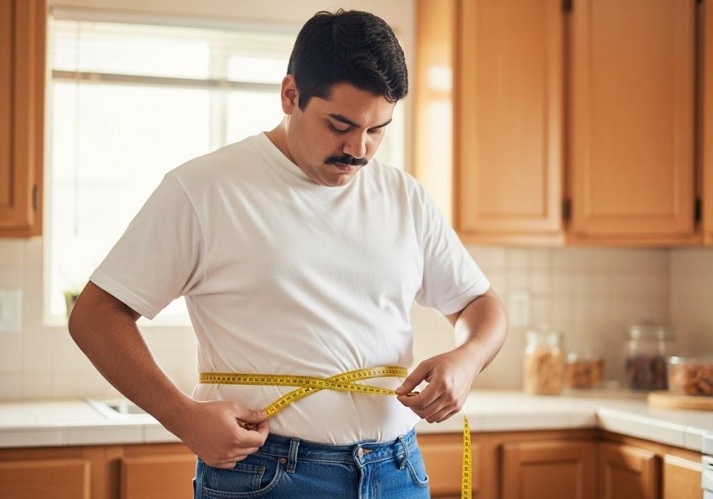 man using measuring tape to measure his midsection