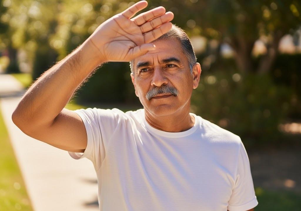 man shielding himself from sun with hand