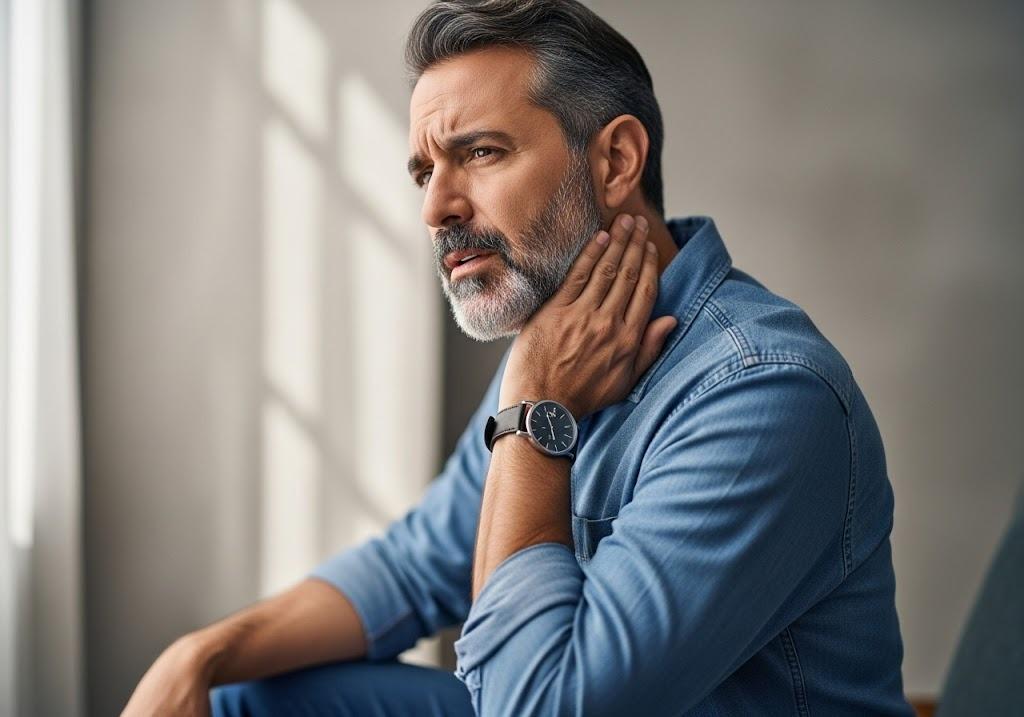 man touching neck