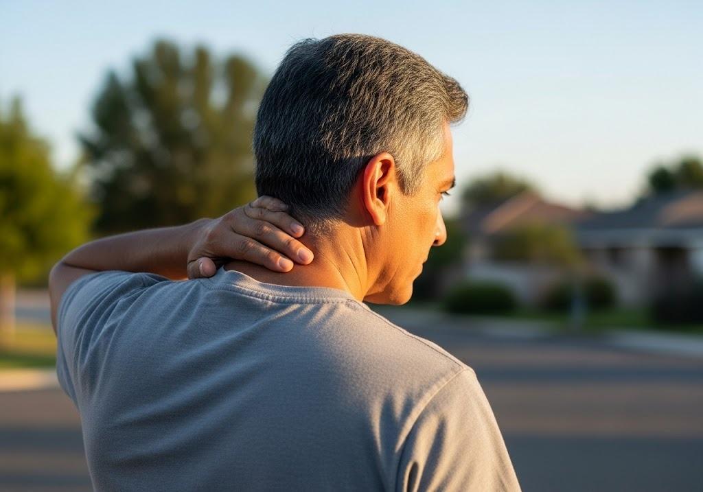 man touching neck