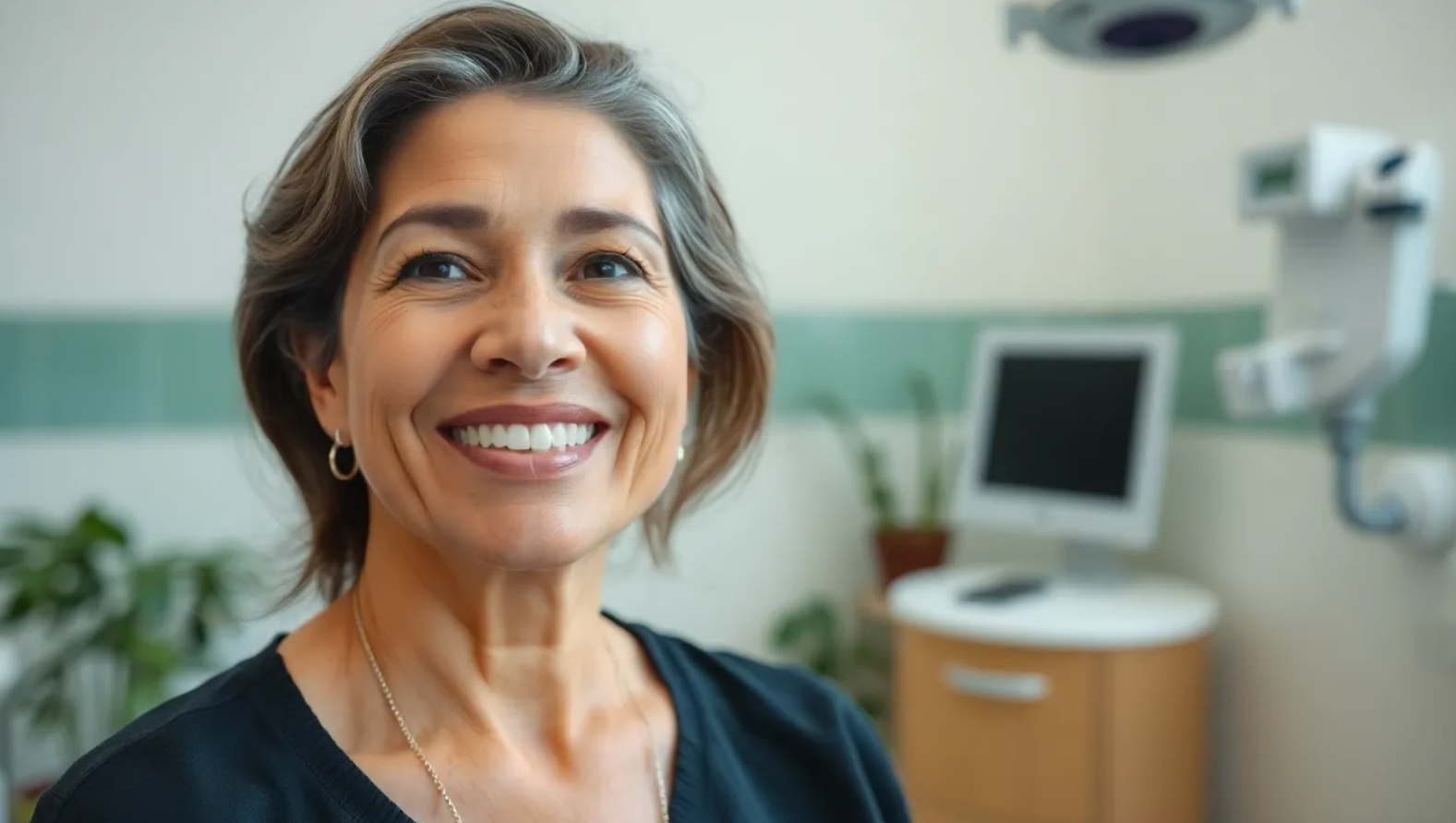 woman in clinic, smiling