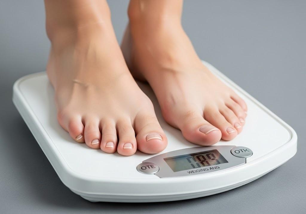 Person standing on a weighing scale before laser fat removal in South Texas, tracking weight challenges and wellness goals.