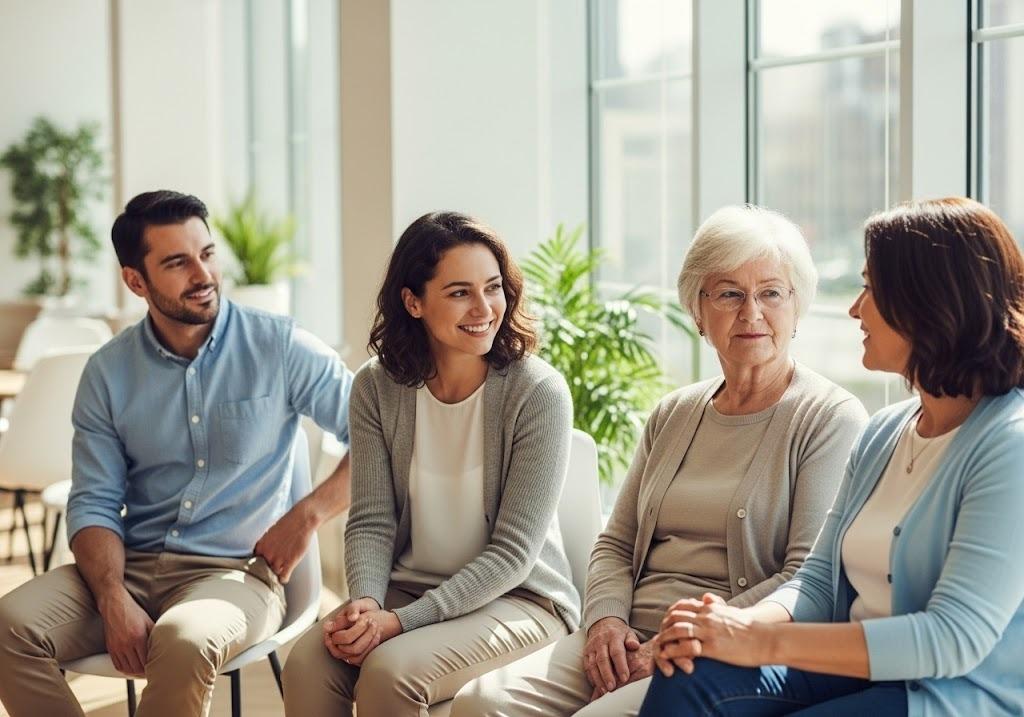 Patients seated in a waiting room receiving support from integrative care providers
