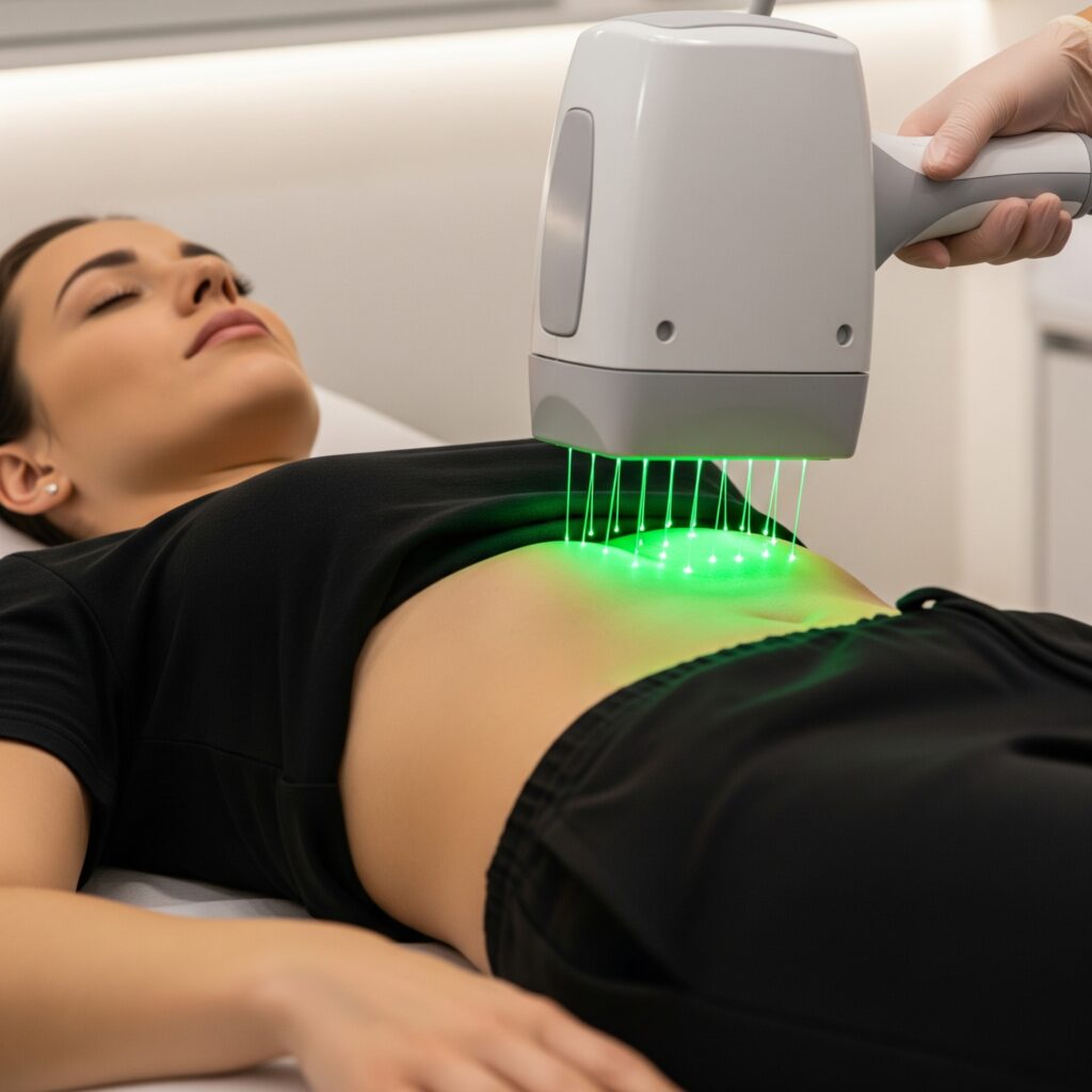 a person receiving laser therapy on a woman's stomach