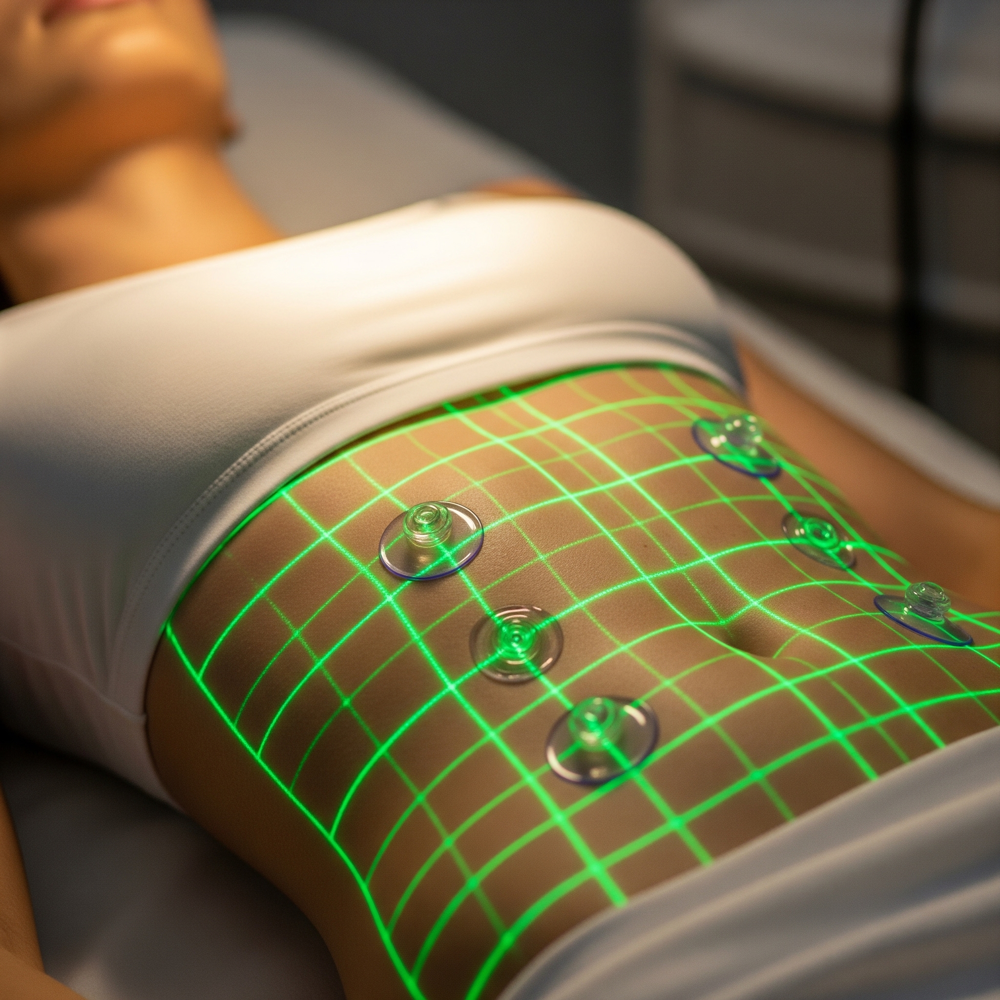 a person lying on a bed with green lines on it
