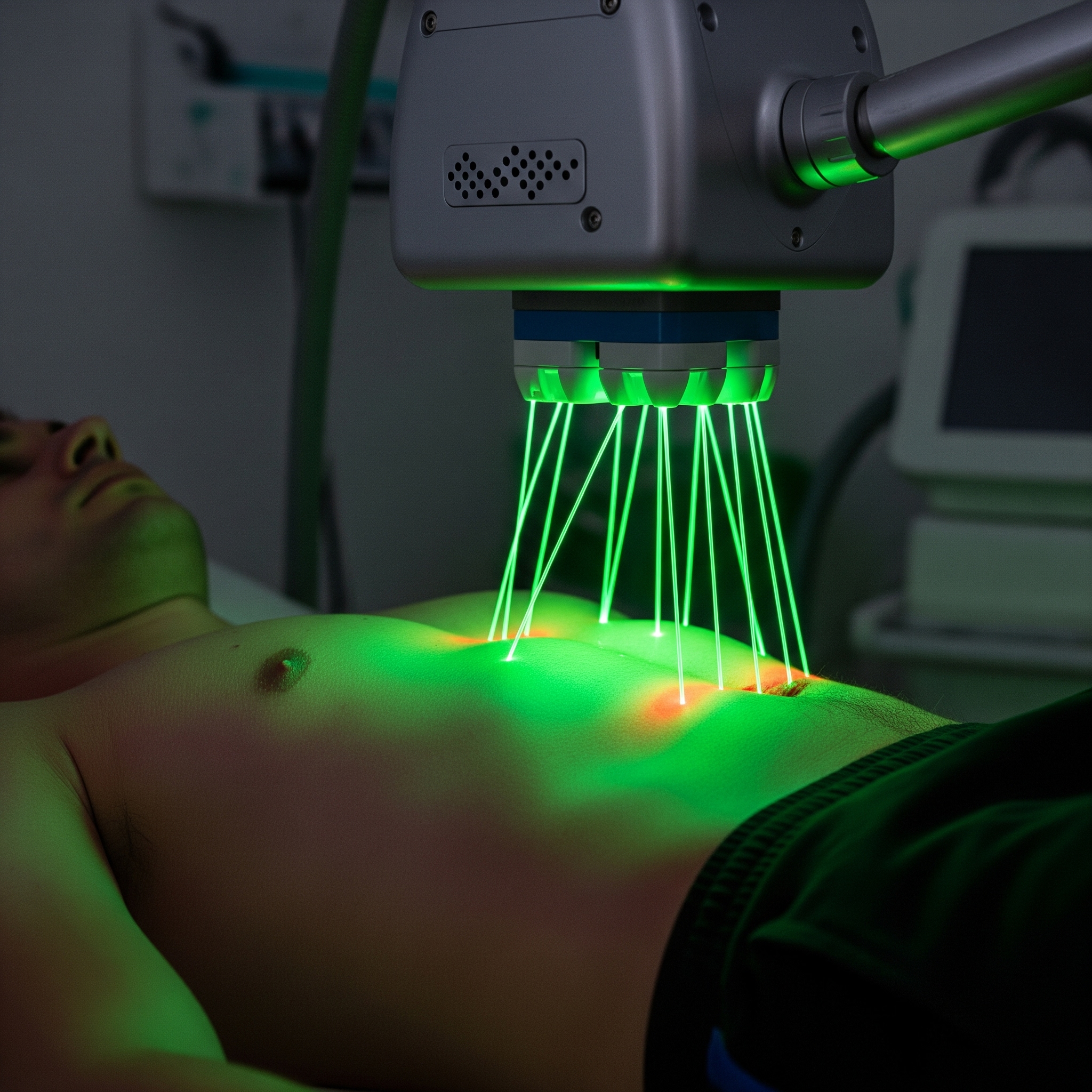 a man lying on a bed with green lasers