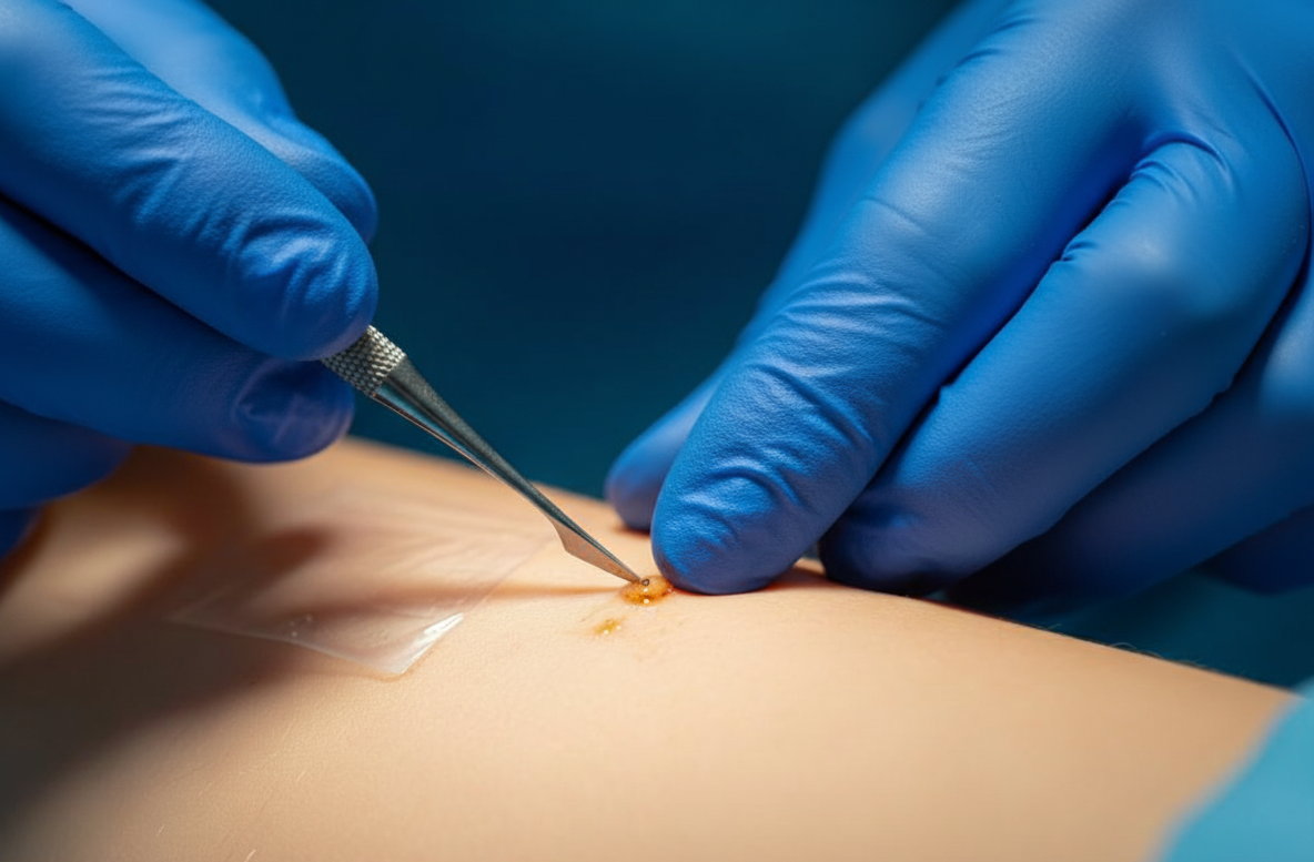 Close-up of gloved hands performing a minor medical procedure on an arm, using a surgical tool on a small skin growth.