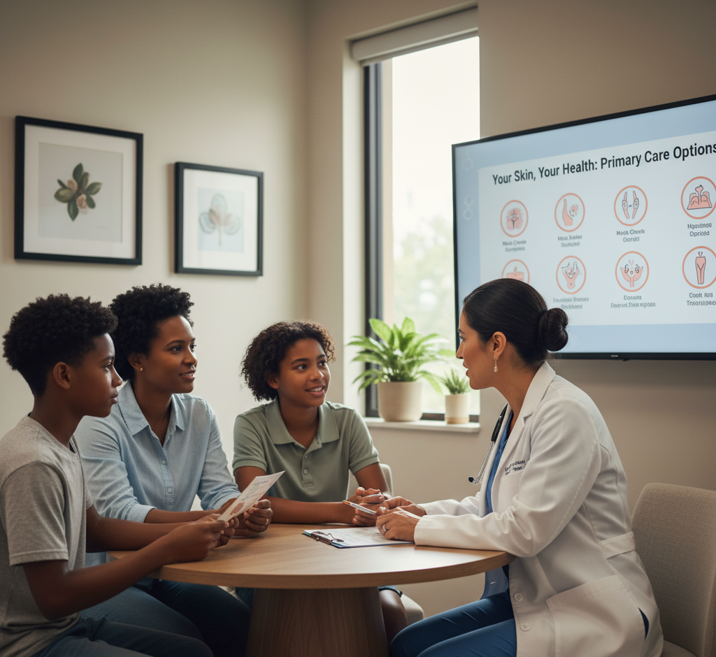 Doctor explains primary care skin options to a woman and young man in a clinic.