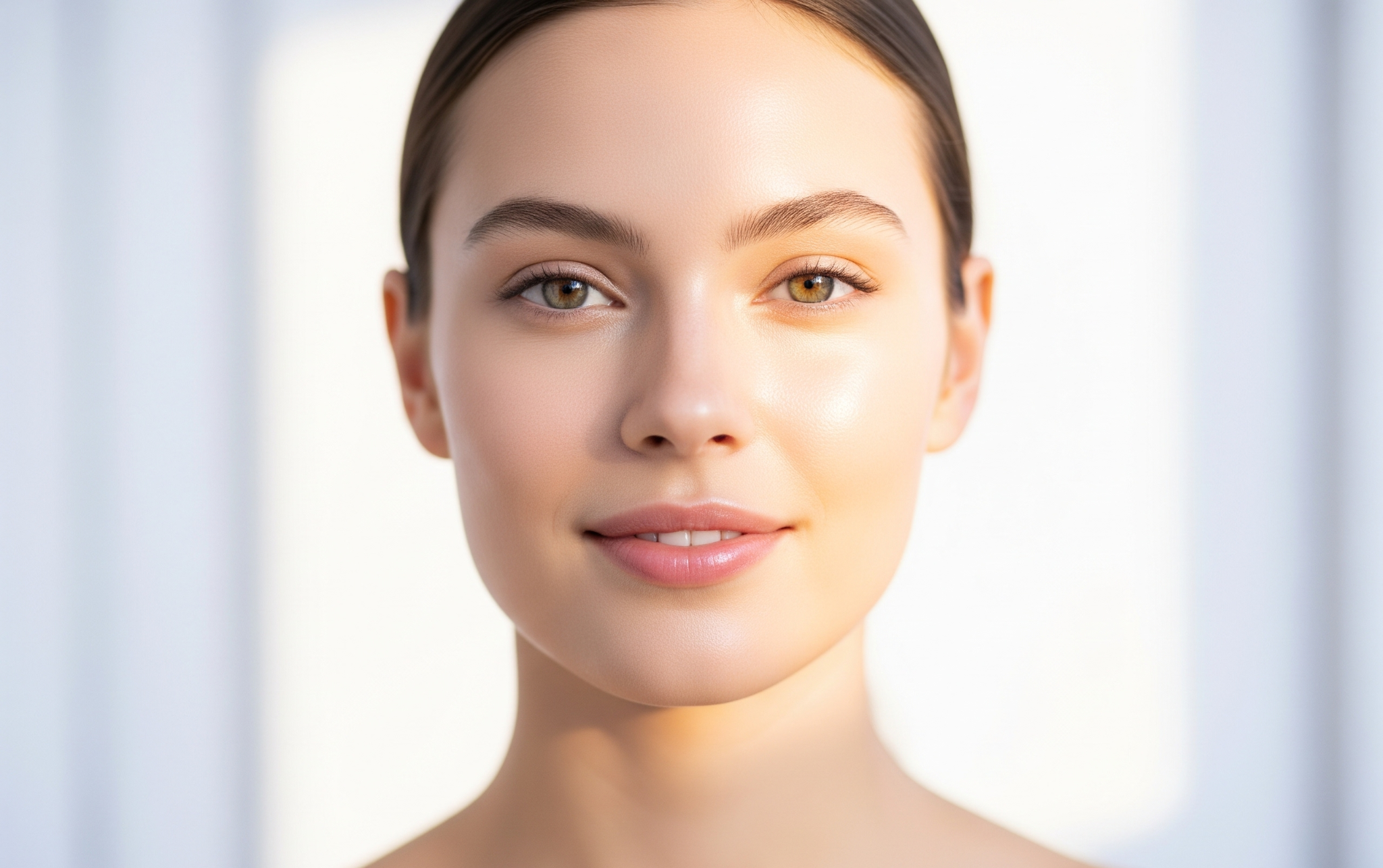 A close-up portrait of a woman with radiant, healthy skin, looking directly at the camera with a subtle smile.