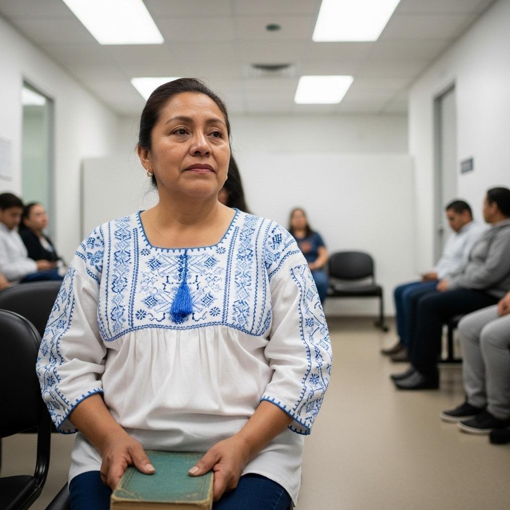 a woman holding a book waiting for her turn inside a clinic