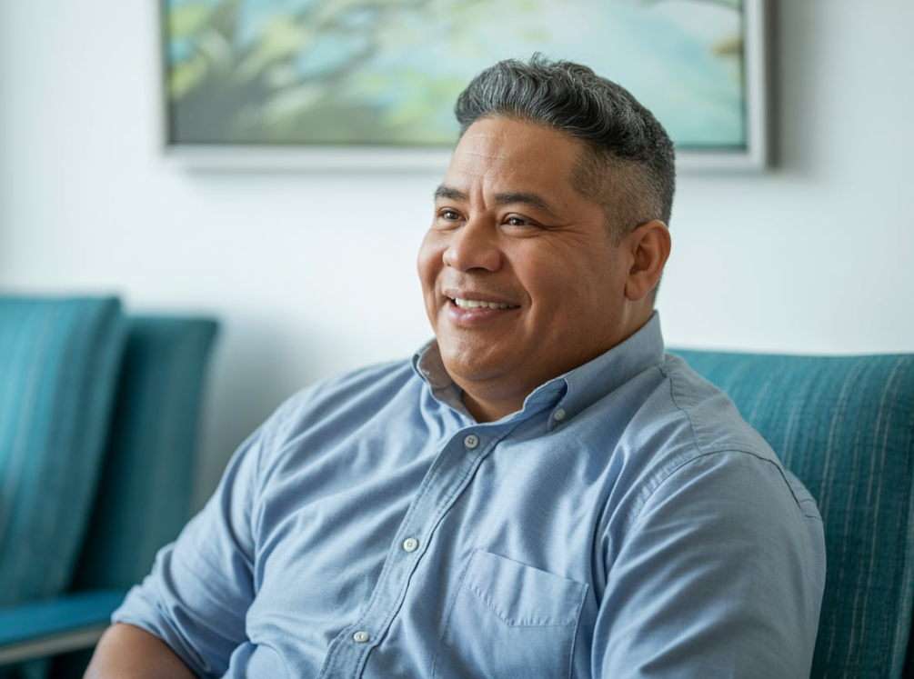 a man smiling, sitting on a chair 
