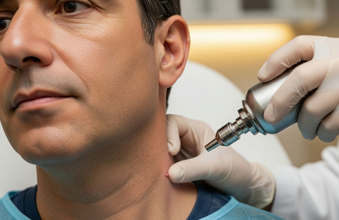 A close-up image shows a man having a skin tag on his neck removed by a medical professional using a metallic cryotherapy device.