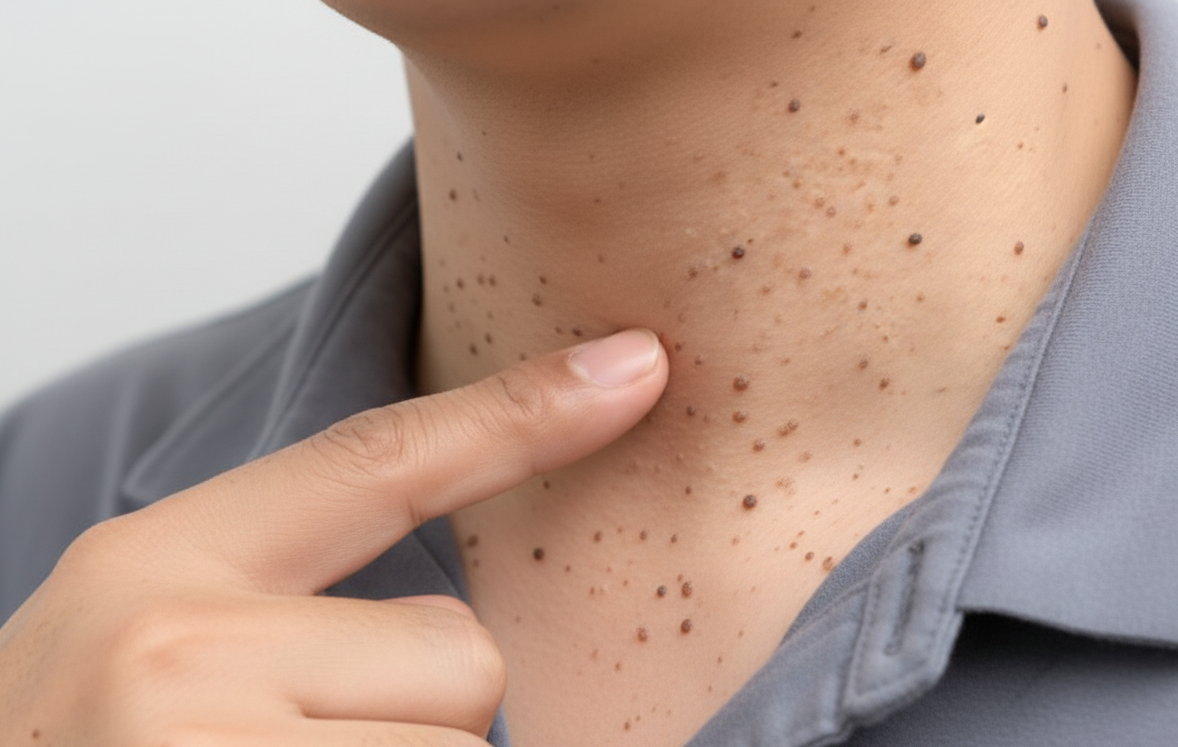 A person's hand points to numerous small, dark brown spots on their neck.
