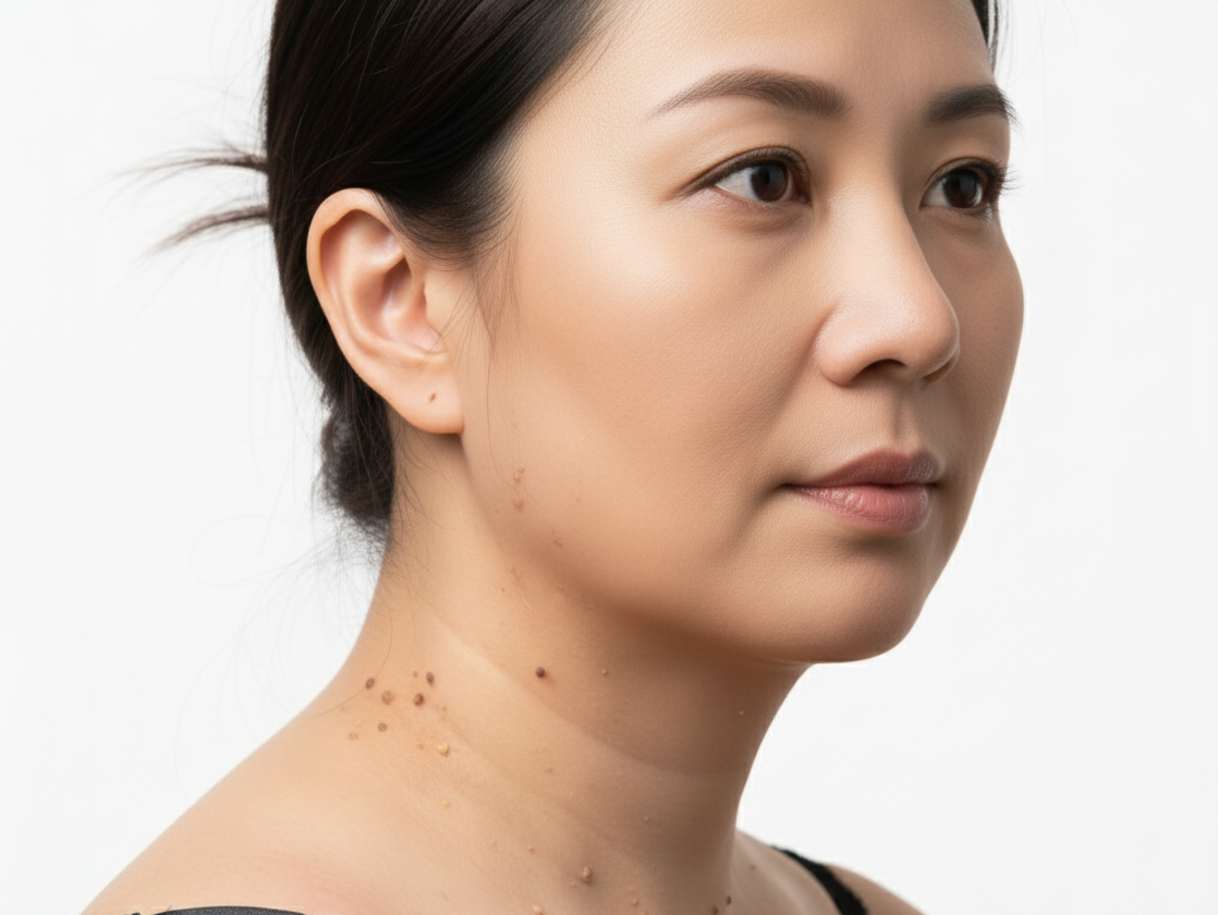 A side-profile view of a woman's face and neck, with a few small skin tags visible on her neck and near her ear.
