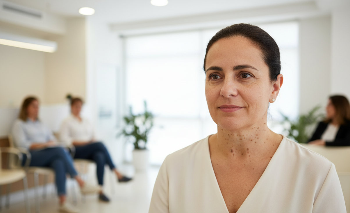 a Hispanic woman with her hair pulled back, waiting patiently in a clinic's waiting room. She is looking slightly off to the side with a calm expression. Several small, dark skin tags are visible on her neck and upper chest.