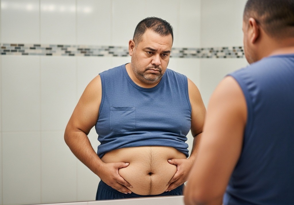 person tugging at belly fat while looking at mirror