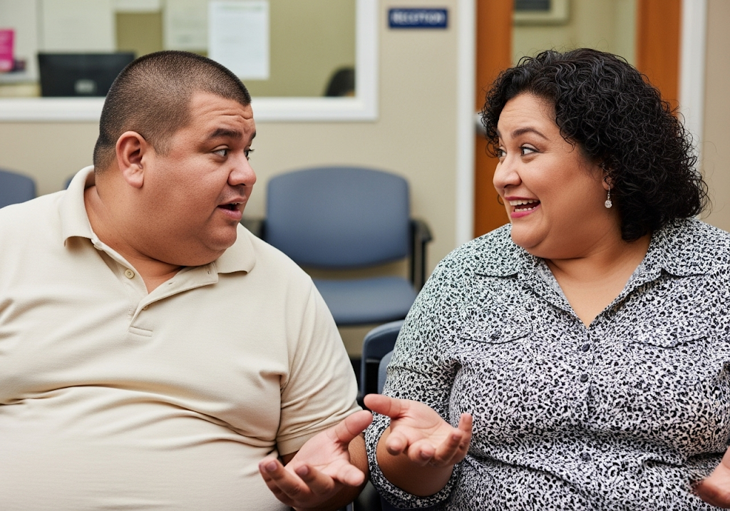 two people talking in clinic waiting room