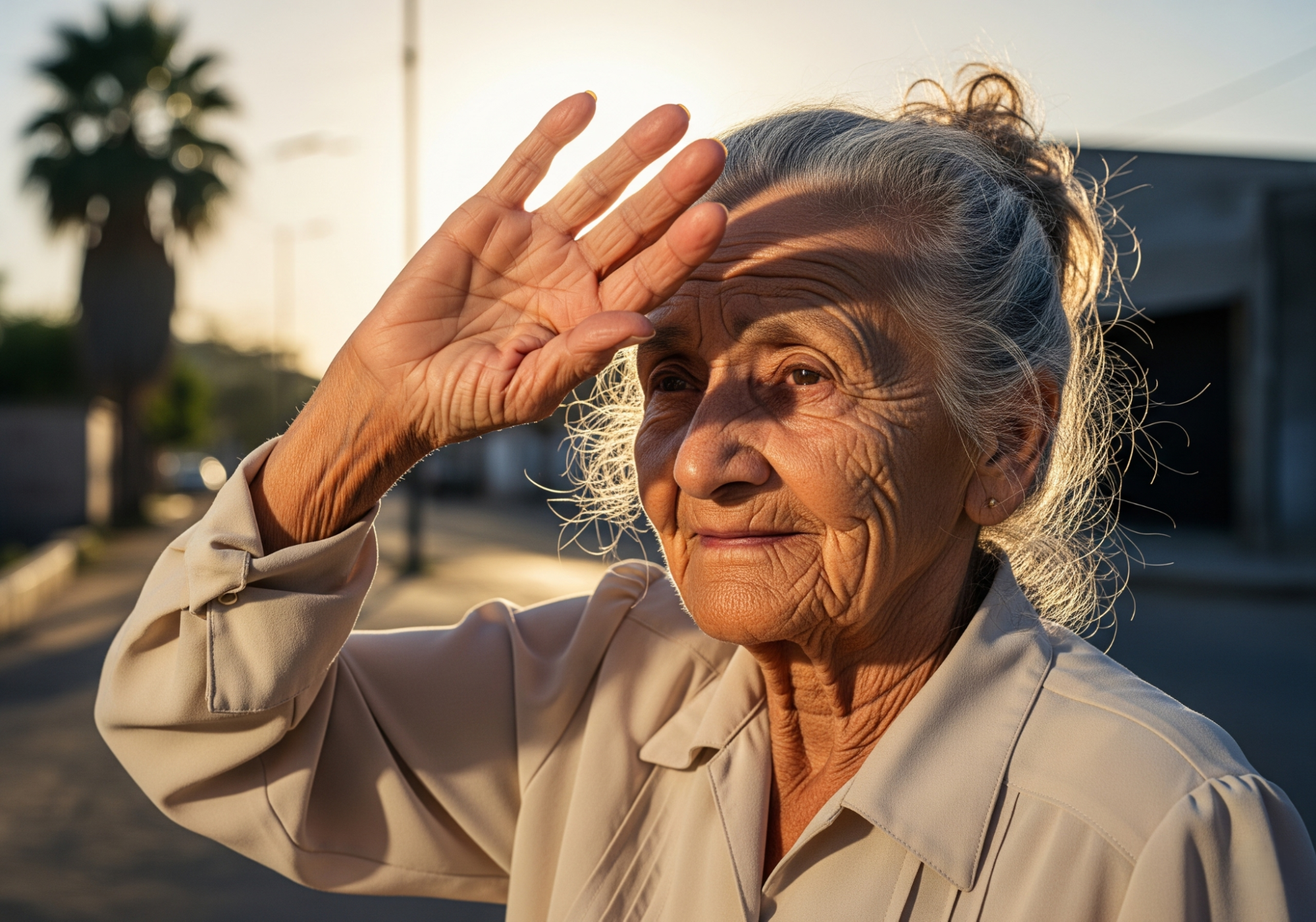 elderly woman shielding herself from sun