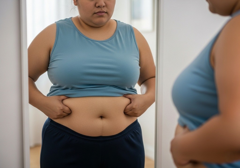 person tugging at belly fat while looking at mirror