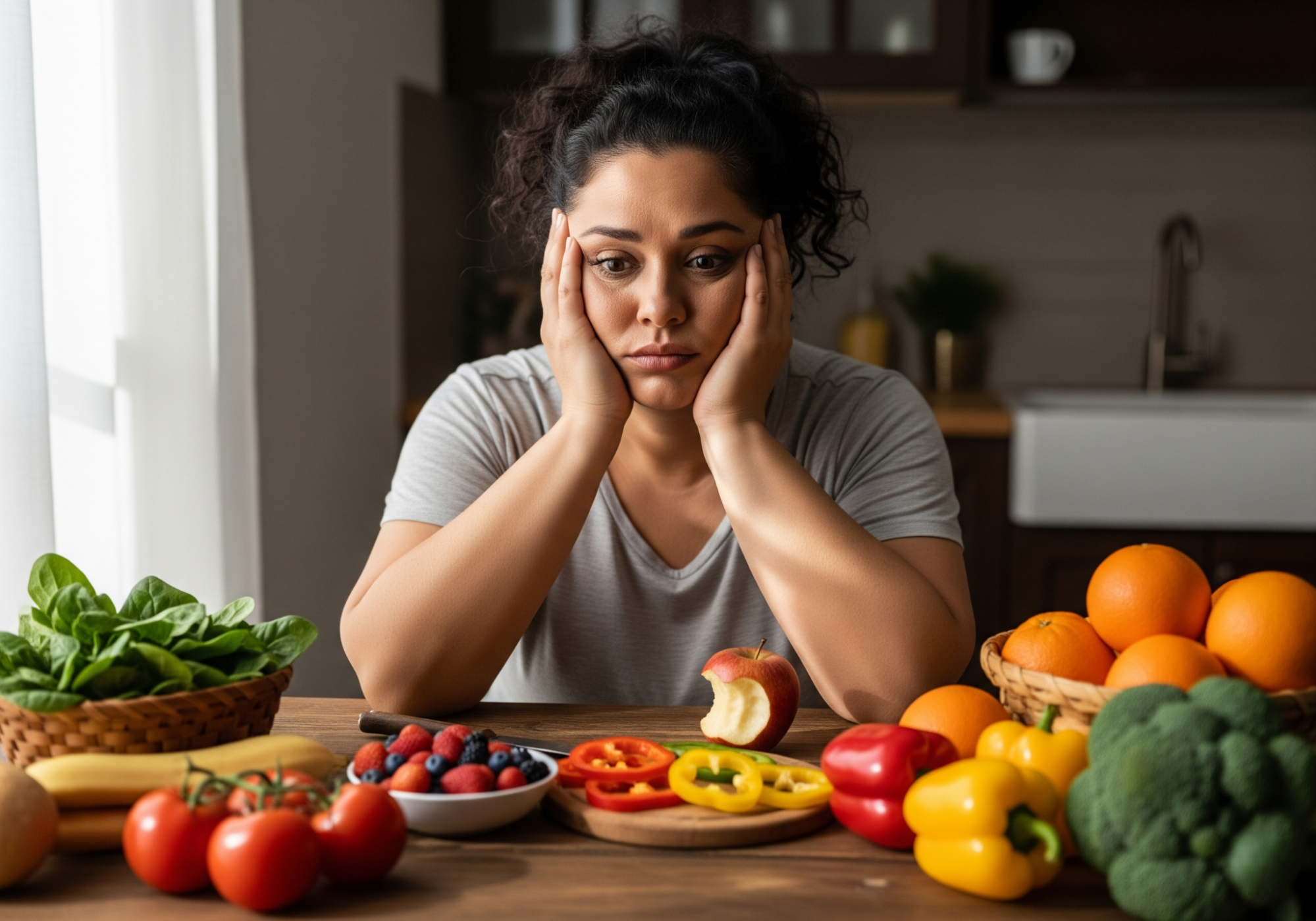 woman sitting at a kitchen table surrounded by fruits and vegetables, looking overwhelmed about diet changes
