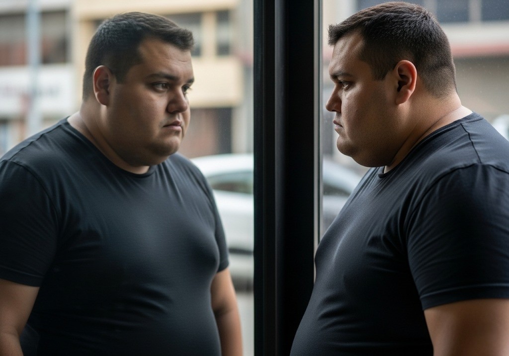 man looking at his reflection