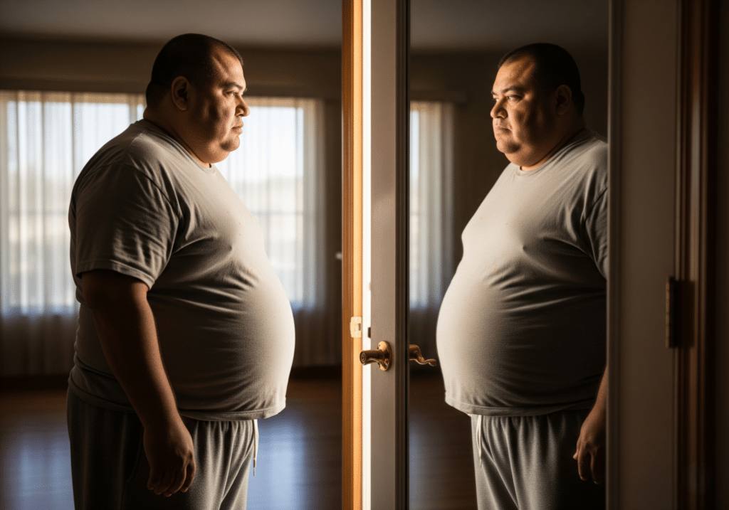 man looking at reflection in mirror, considering laser therapy for fat reduction