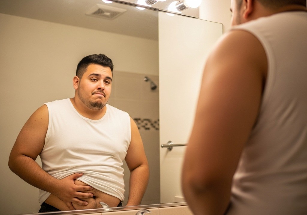 person looking at mirror while considering Laser Stomach Fat Removal Near Me