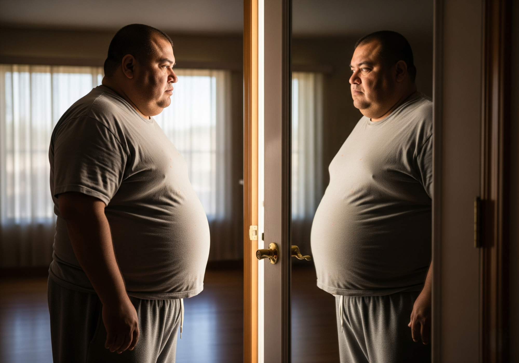 man looking at reflection in mirror, considering laser therapy for fat reduction