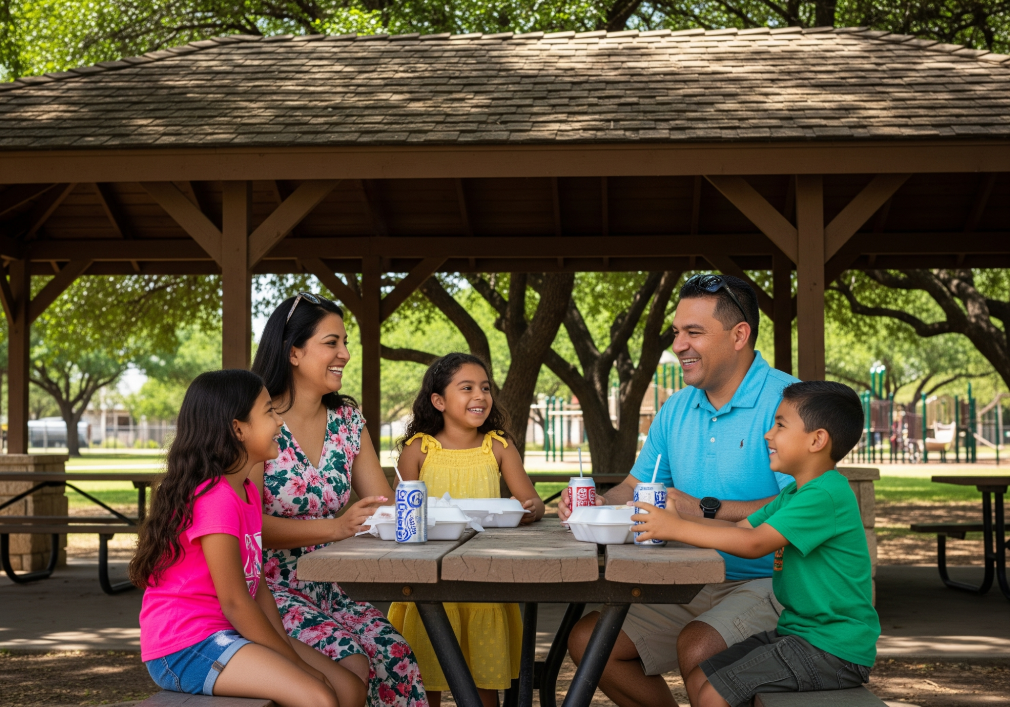 family sitting under a shaded park pavilion
