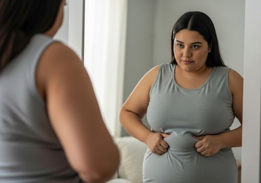 person tugging at stomach fat