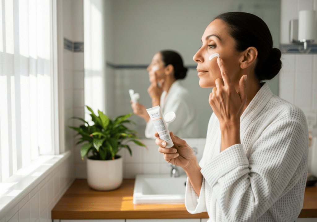 woman applying sunscreen to her face in front of a bathroom mirror.