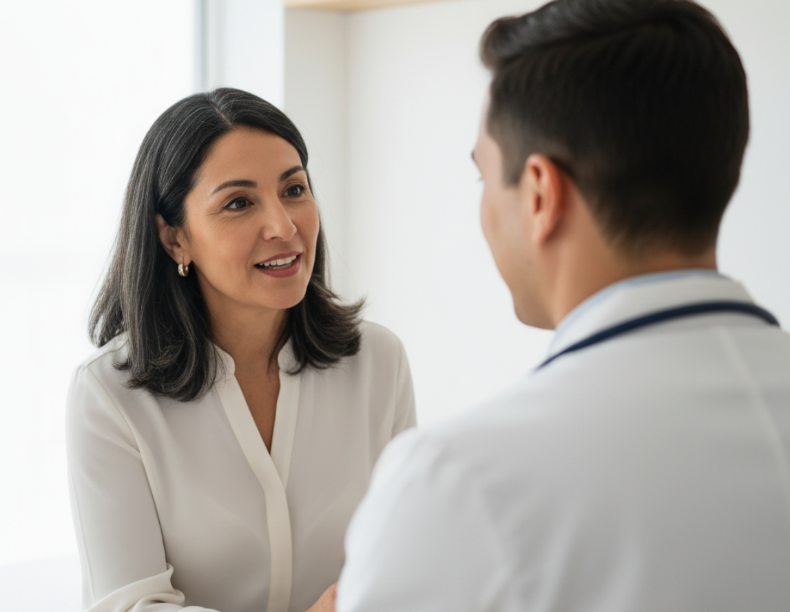woman talking to doctor in clinic
