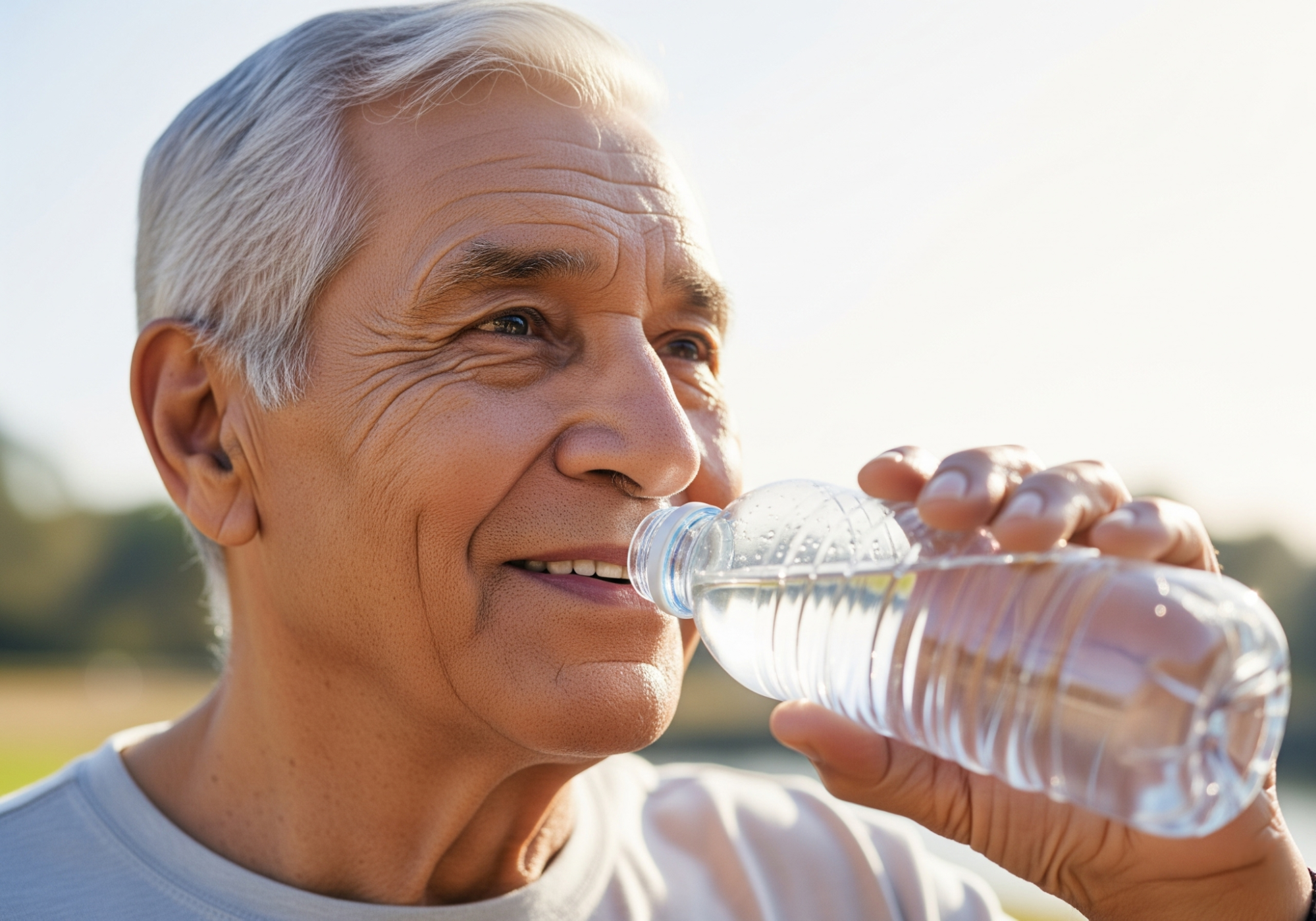 elderly man drinking water from a clear bottle on a sunny day, staying hydrated for skin health