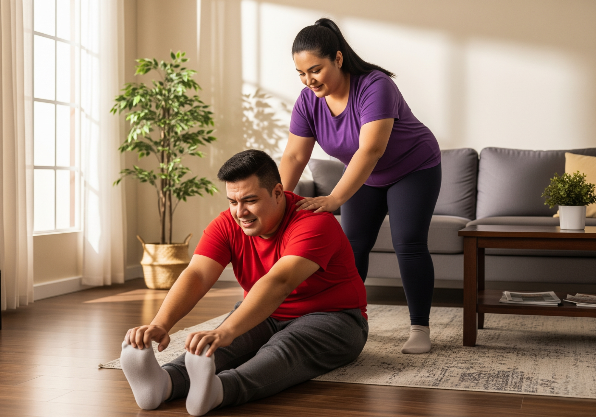 couple attempting to stretch together in a living room, both showing visible effort
