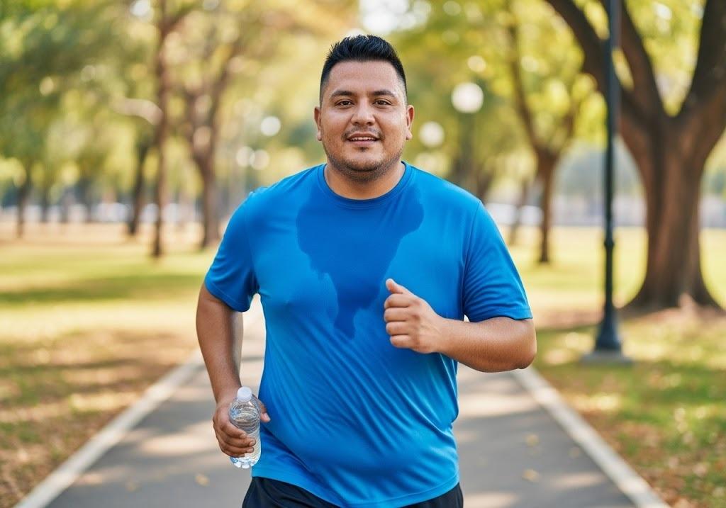 Man jogging in a park on a sunny day, wearing a blue t-shirt soaked with sweat and holding a water bottle in his left hand. Trees and a paved path are visible in the background.