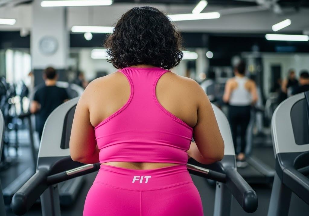 Woman in a bright pink workout outfit using a treadmill at the gym