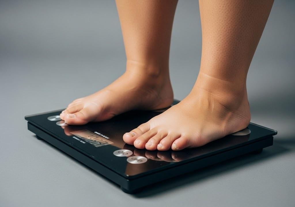 Close-up of a person’s bare feet standing on a digital weighing scale with a glossy black surface.