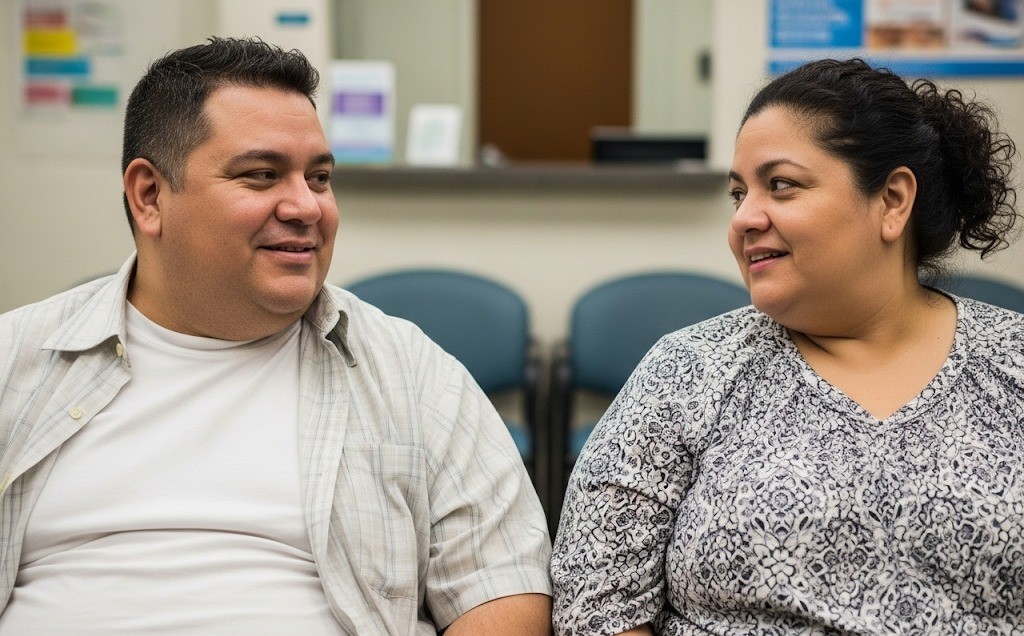 two people in waiting room of clinic
