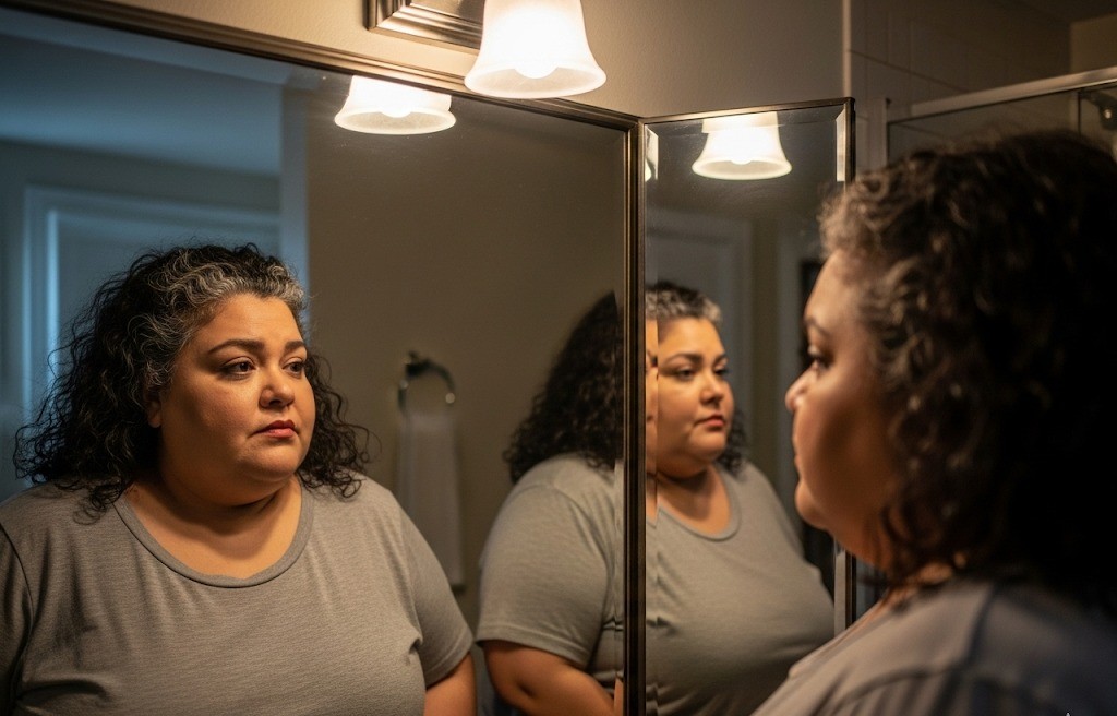 woman looking at self in mirror