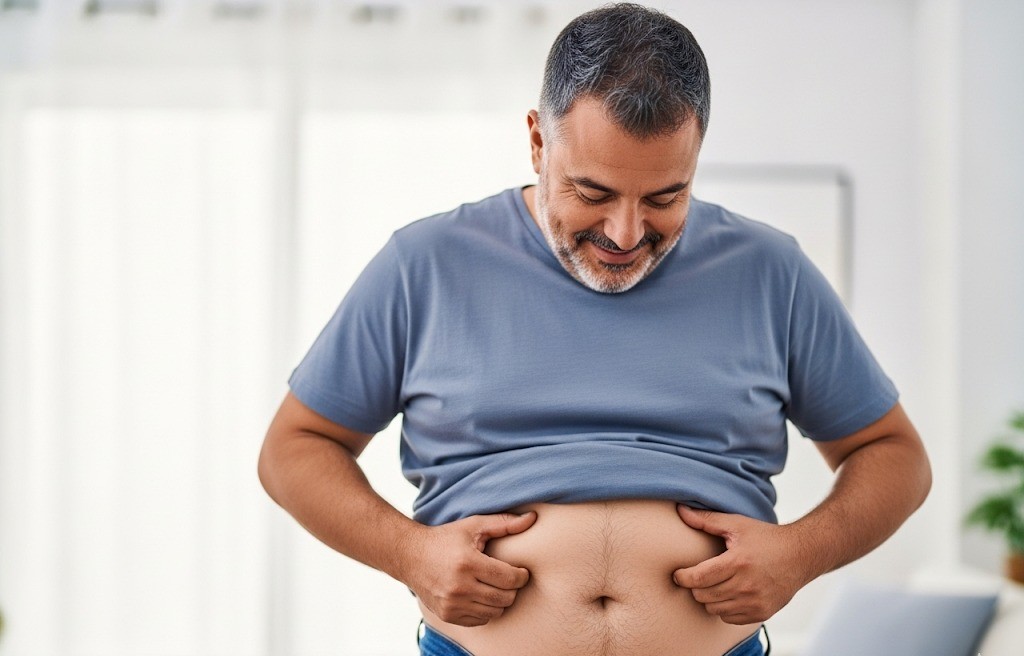 man tugging at belly fat